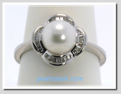 AAA 7-7.5MM White FW Pearl Diamond Ring 14K White Gold