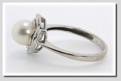 AAA 7-7.5MM White FW Pearl Diamond Ring 14K White Gold