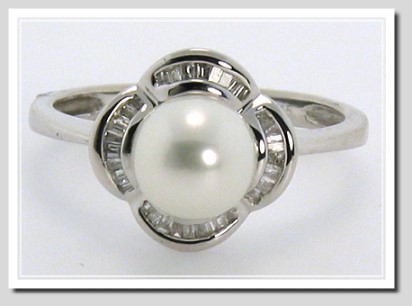 AAA 7-7.5MM White FW Pearl Diamond Ring 14K White Gold