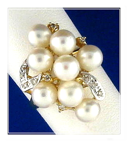 Multi White Freshwater Cultured Pearl Ring w/0.19 Ct. Diamonds, 14K Yellow Gold, Size 7.5