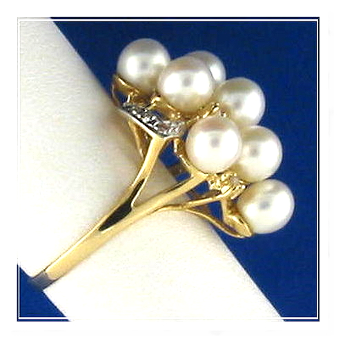 Multi White Freshwater Cultured Pearl Ring w/0.19 Ct. Diamonds, 14K Yellow Gold, Size 7.5