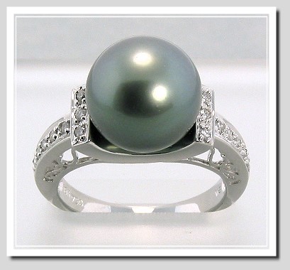 11.5MM Bray/Blue Tahitian Pearl Diamond Ring 0.18CT. 18K White Gold Sz 7