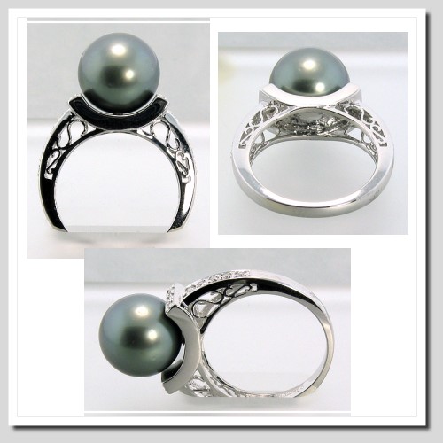 11.5MM Bray/Blue Tahitian Pearl Diamond Ring 0.18CT. 18K White Gold Sz 7