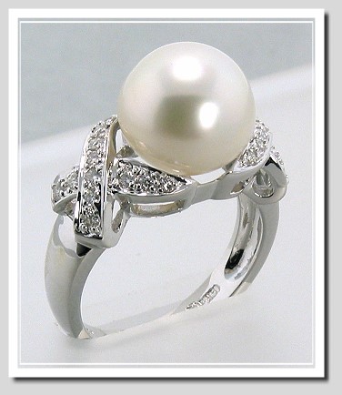 11MM White South Sea Pearl Diamond Ring 0.29CT. 18K White Gold Sz 7