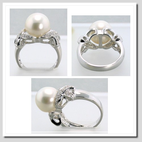 11MM White South Sea Pearl Diamond Ring 0.29CT. 18K White Gold Sz 7