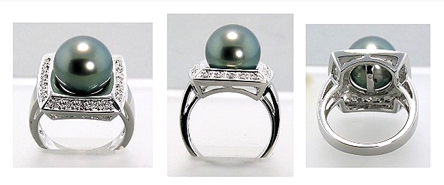 10.5-11MM Tahitian Pearl Diamond Ring 0.19CT. 18K White Gold Sz 7