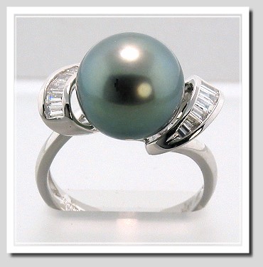 10.5-11MM Tahitian Pearl Diamond Ring 0.24CT. 18K White Gold Sz 7