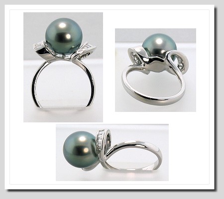 10.5-11MM Tahitian Pearl Diamond Ring 0.24CT. 18K White Gold Sz 7