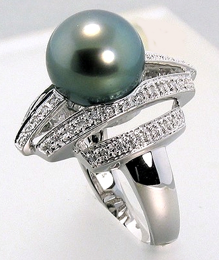 10.5-11MM Tahitian Pearl Diamond W-Style Ring 0.26CT. 18K White Gold Sz 7