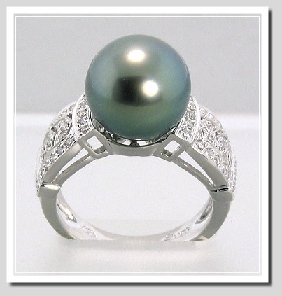 10.5-11MM Tahitian Pearl Diamond Ring 0.26CT. 18K White Gold Sz 7