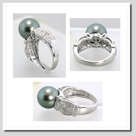 10.5-11MM Tahitian Pearl Diamond Ring 0.26CT. 18K White Gold Sz 7