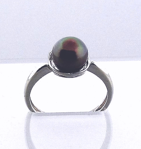7.9MM Black Akoya Cultured Pearl Ring, 14K White Gold, Size 7.25