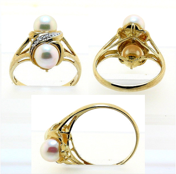 Double Akoya Cultured Pearl Ring w/Diamond, 14K Yellow Gold, Size 7.5