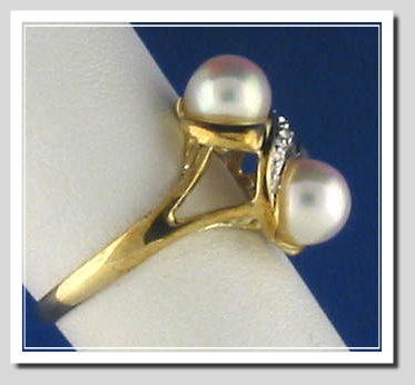 Double Akoya Cultured Pearl Ring w/Diamond, 14K Yellow Gold, Size 7.5