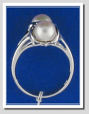 Double Akoya Cultured Pearl Ring w/Diamond, 14K White Gold, Size 7