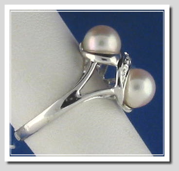 Double Akoya Cultured Pearl Ring w/Diamond, 14K White Gold, Size 7