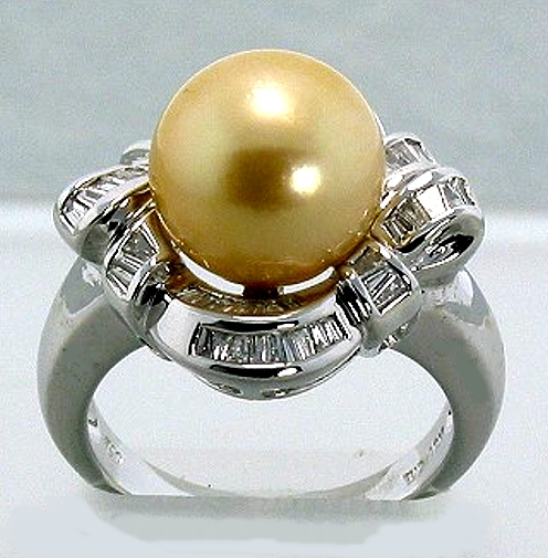 10.9MM Golden South Sea Pearl Ring w/0.56 Ct. Diamonds, 18K White Gold, Size 7