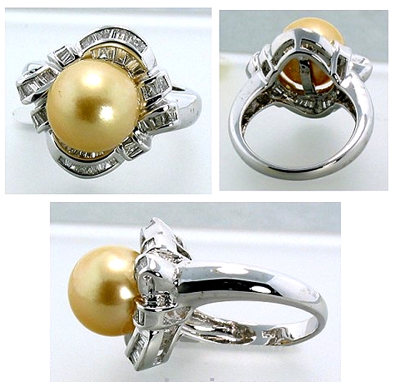 10.9MM Golden South Sea Pearl Ring w/0.56 Ct. Diamonds, 18K White Gold, Size 7