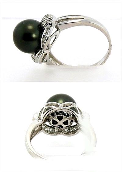 9.9MM Black Tahitian Cultured Pearl Ring, 0.24ct. Diamonds, 18K W Gold