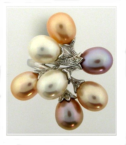 Multi Natural Color Pearl Diamond Ring 14K White Gold Size 7