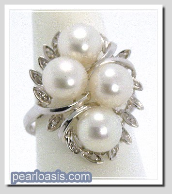 Multi White FW Pearl Diamond Ring 14K White Gold Sz 7