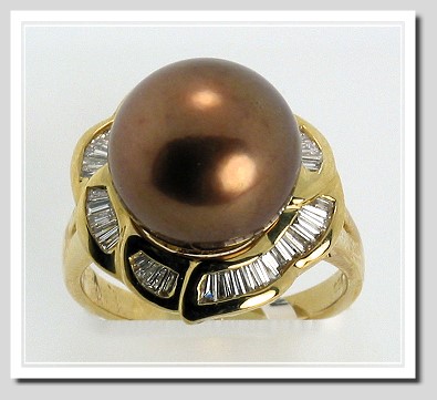 11.8MM Chocolate Tahitian Pearl Diamond Ring 0.52Ct. 18K Gold