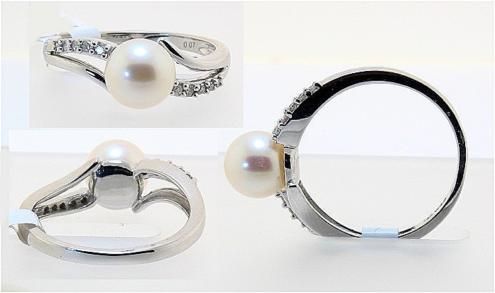 AAA 7-6.5MM FW Pearl & Diamond Ring 14K White Gold, Size 7