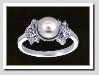 AAA 8-8.5MM FW Pearl & Diamond Ring 14K White Gold