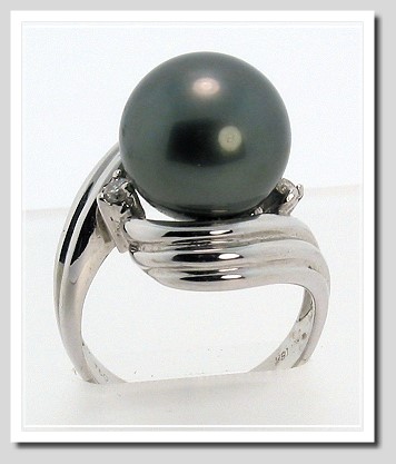 12.36MM Dark Gray Tahitian Pearl Diamond Ring 0.10CT 18K Sz7