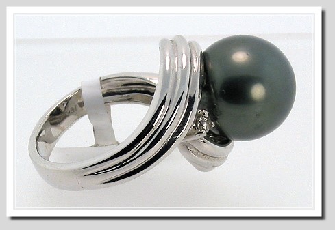 12.36MM Dark Gray Tahitian Pearl Diamond Ring 0.10CT 18K Sz7