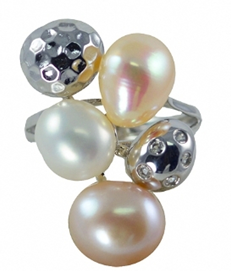 8.5-10MM Multi Color Freshwater Pearl Ring, Silver, 7.7 Grams, Size 7