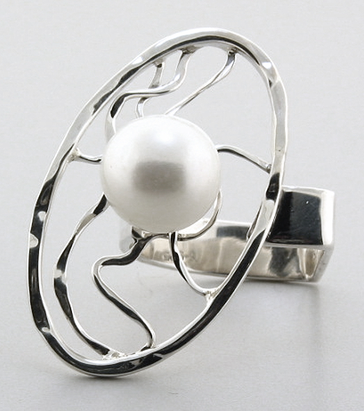 Designer 11MM Freshwater Pearl Ring, Silver, Top 1.1X1.4in, Size 7.5