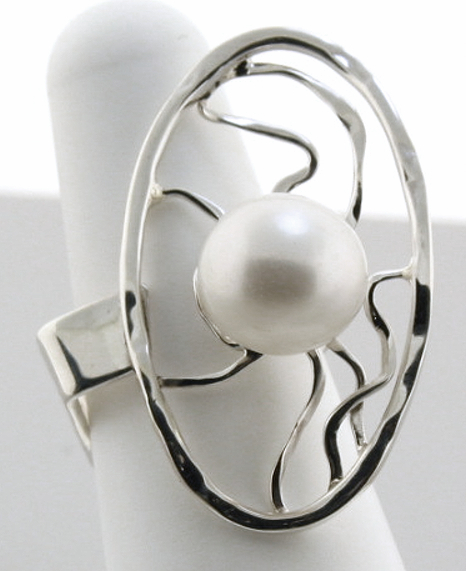 Designer 11MM Freshwater Pearl Ring, Silver, Top 1.1X1.4in, Size 7.5