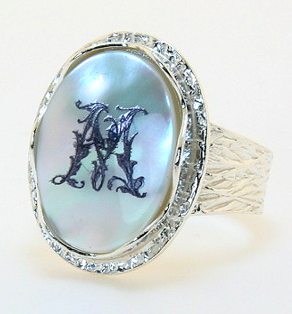 18X13MM Initial Engraved Ring, Sterling Silver, Mother of Pearls