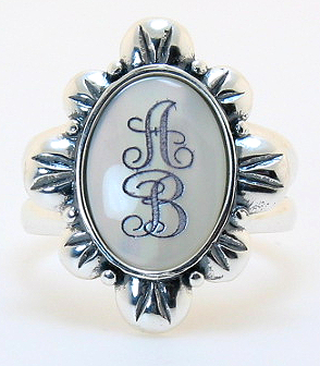 14X10MM Monogram Engraved Ring, Sterling Silver, Mother of Pearls