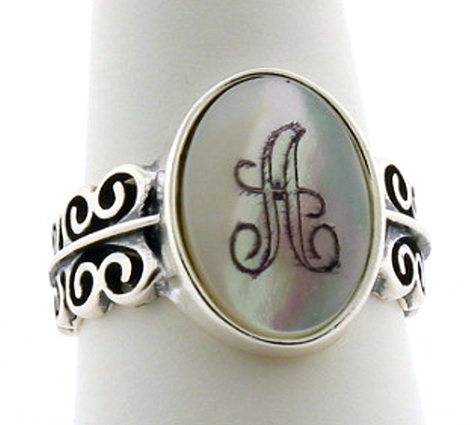 14X10MM Initial Engraved Ring, Sterling Silver, Mother of Pearl Size 7