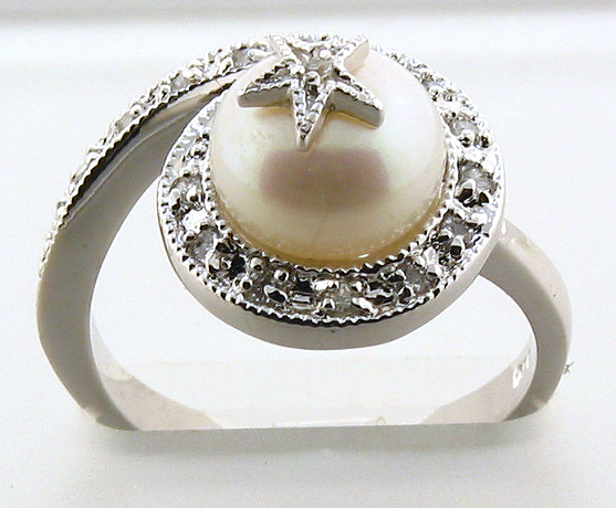 8.5-9MM White Freshwater Pearl CZ Ring, Star Style, Sterling Silver
