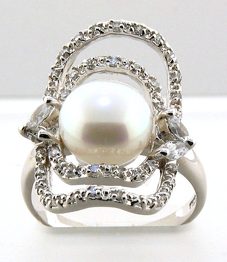 9.5-10MM White Freshwater Pearl CZ Ring, Sterling Silver, Size 6, 8