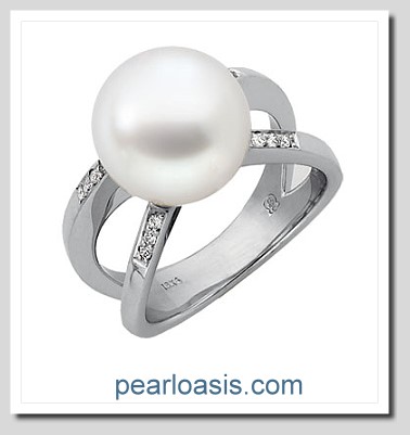 11-12MM White South Sea Pearl Diamond Ring 18K White Gold