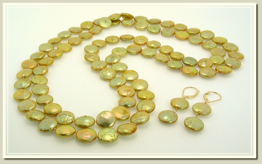 11-12MM Golden Coin Pearl Rope Necklace and Earrings Set 14K Gold 43in