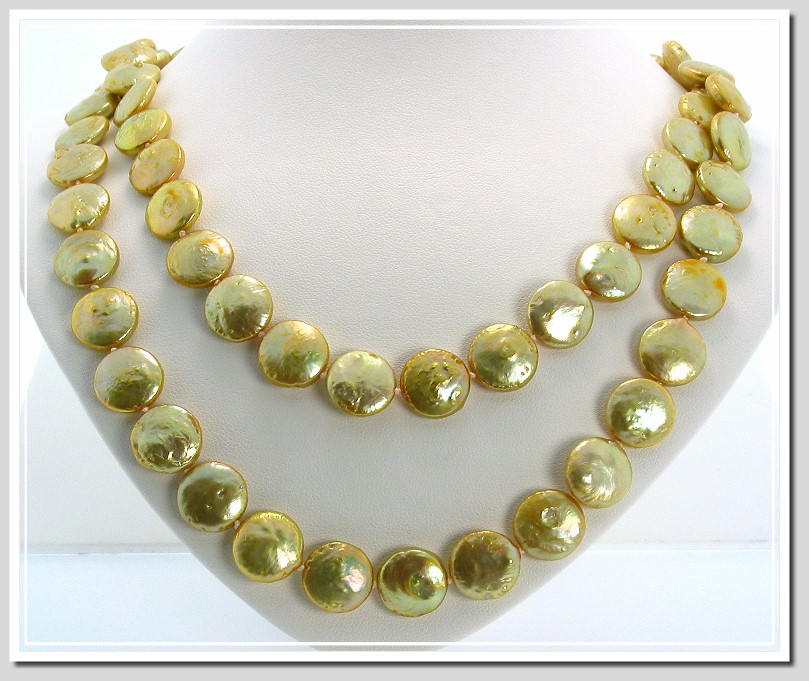 11-12MM Golden Coin Pearl Rope Necklace and Earrings Set 14K Gold 43in