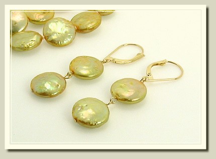 11-12MM Golden Coin Pearl Rope Necklace and Earrings Set 14K Gold 43in