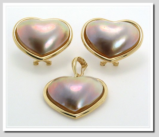 16.5X20MM Lavender Japanese Mabe Pearl Pendant Earring Set 14K Gold