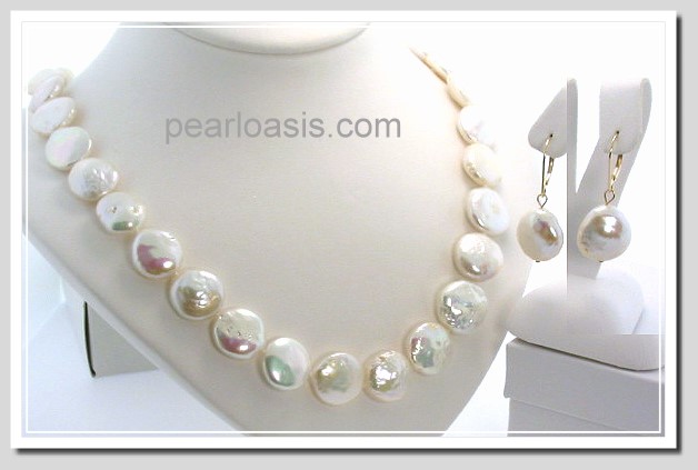 13-16MM Freshwater Coin Pearl Necklace 19in & Earrings Set 14K Gold 