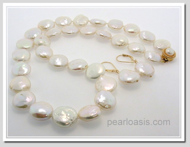 13-16MM Freshwater Coin Pearl Necklace 19in & Earrings Set 14K Gold 