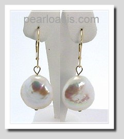 13-16MM Freshwater Coin Pearl Necklace 19in & Earrings Set 14K Gold 