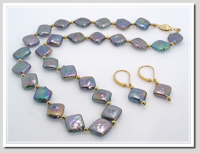 Unique Black Diamond Shape Freshwater Cultured Pearl Necklace/Earrings Set, 14K