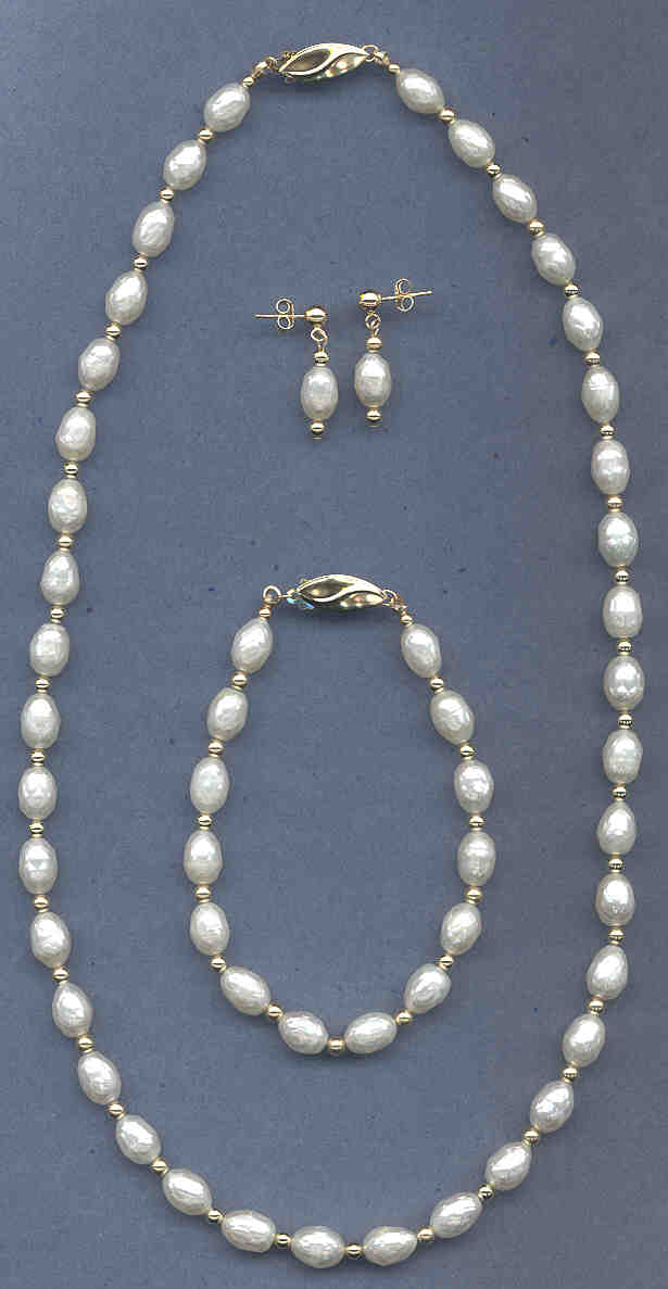 Faceted Pearl Set: Necklace (18) /Bracelet (7) / Earrings, 14K Gold Beads & Clasps