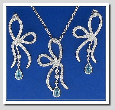 Bridal Set: Bow Style Earrings Pendant Chain. White Citrons & Blue Crystals. 925 Silver