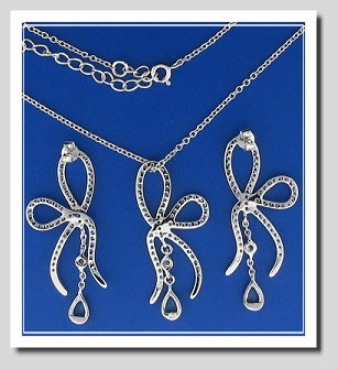 Bridal Set: Bow Style Earrings Pendant Chain. White Citrons & Blue Crystals. 925 Silver
